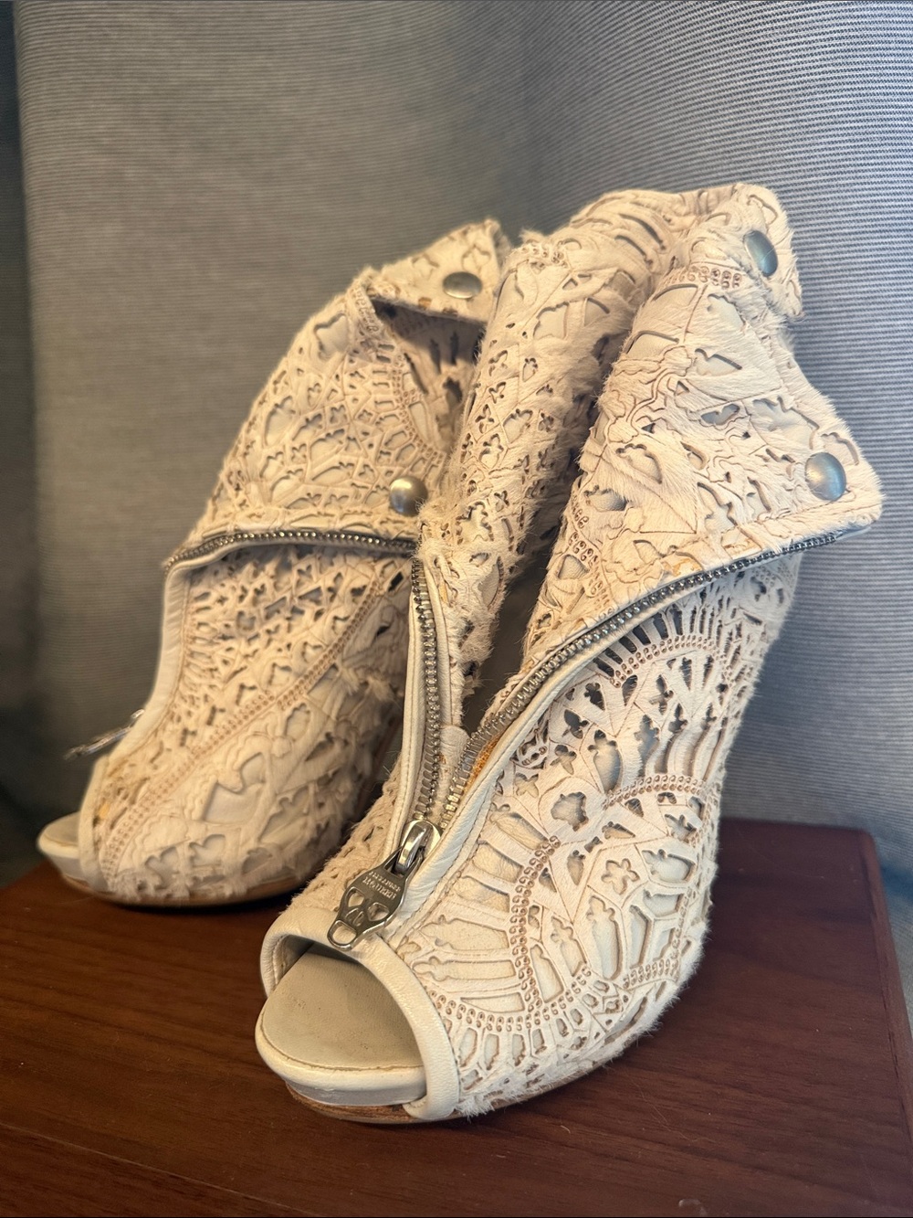 Vintage Alexander McQueen booties laser cut in Cream